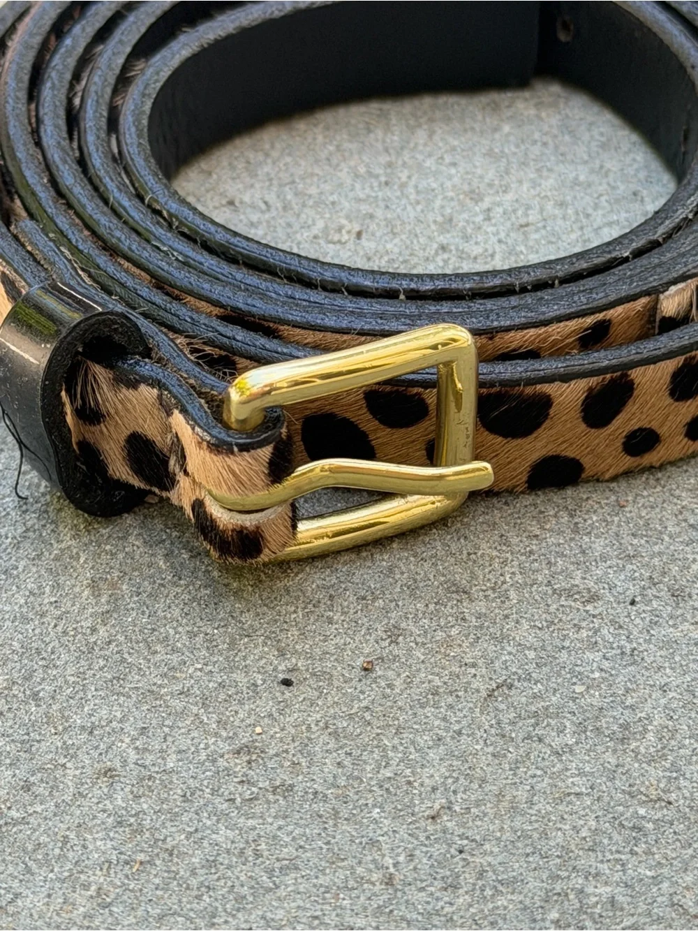 J.Crew Leopard Calf Hair Leather Skinny Belt Gold Buckle Made USA
